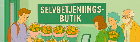 En illustration af en selvbetjeningsbutik med tre personer, der står ved en blomsterstand. En ung mand holder en buket blomster, mens en kvinde betaler ved en kasse. To ældre personer, en kvinde med blå hår og en mand med briller, ser på blomsterne.